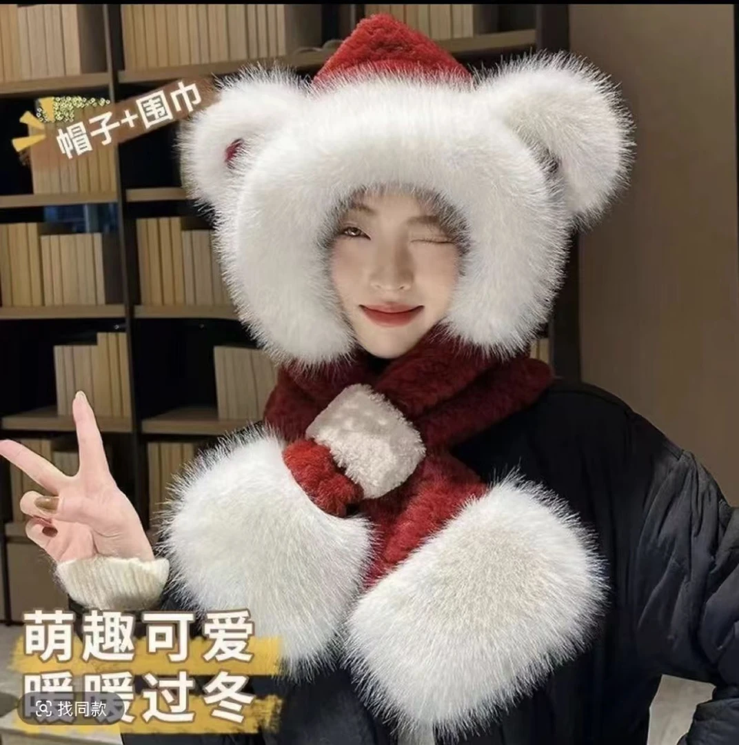 【狐狸款二件套】加绒加厚防风保暖帽围巾冬季防寒百搭帽子围巾