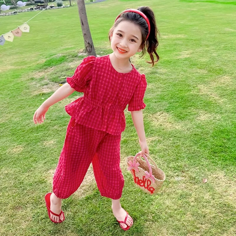 儿童夏季套装2025新款女宝宝时髦洋气格子两件套女童休闲短袖裤子