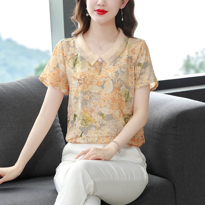 碎花雪纺衫女短袖夏季2025新款妈妈夏装气质衬衫宽松洋气小衫上衣
