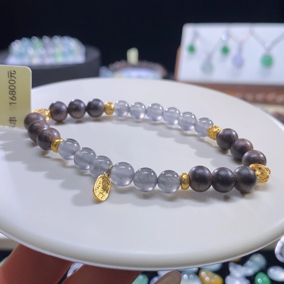 翡翠未镶嵌颈饰翡翠18K金黑钢珠手串