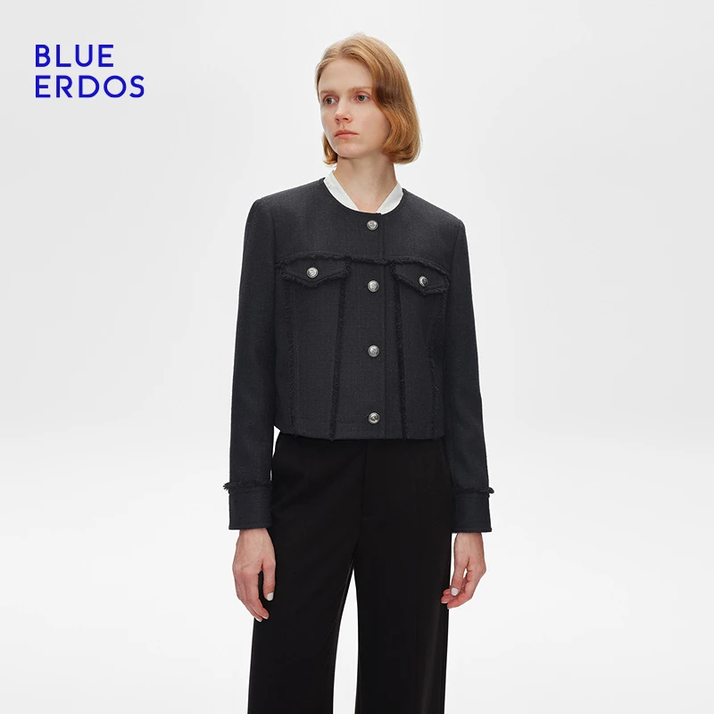 BLUE ERDOS 25早春经典黑色粗花呢小香风外套女B255J0010
