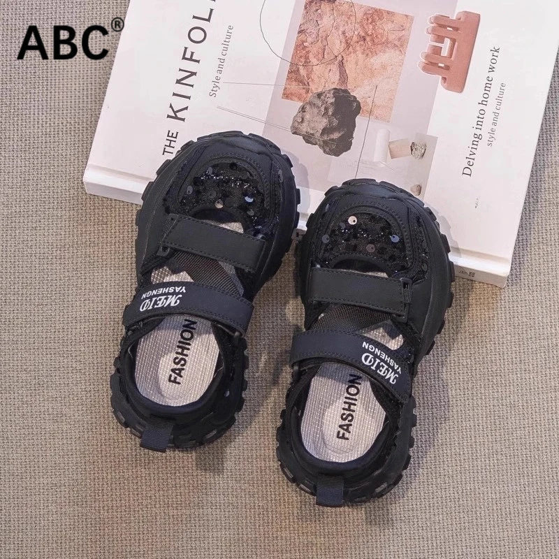 ABC女童凉鞋2025夏季新款中大童透气亮片运动鞋韩版休闲沙滩鞋潮