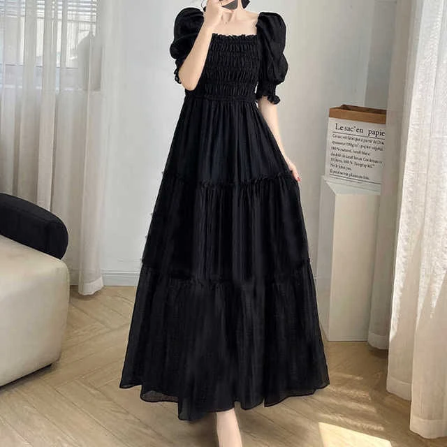 胖mm黑色泡泡袖赫本风连衣裙女2024夏季大码收腰显瘦气质长款裙子