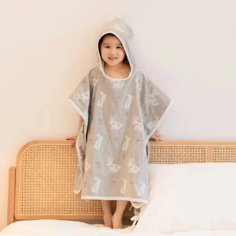 雅赞儿童三层纱斗篷浴巾（柔软 连帽 小孩男女童 棉质 ）