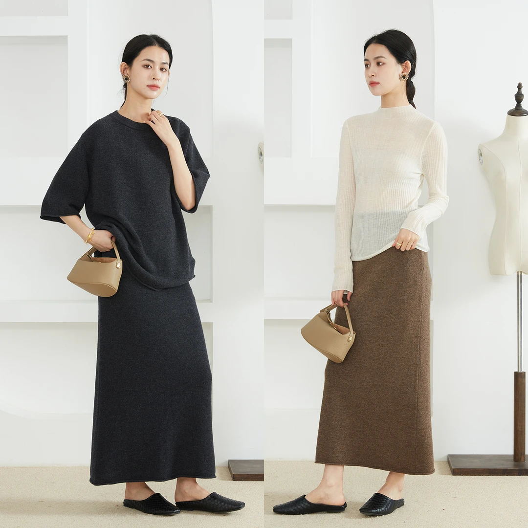 SILVIYE100美丽诺羊毛26支7针卷边针织松紧腰直筒半身裙BQ52050