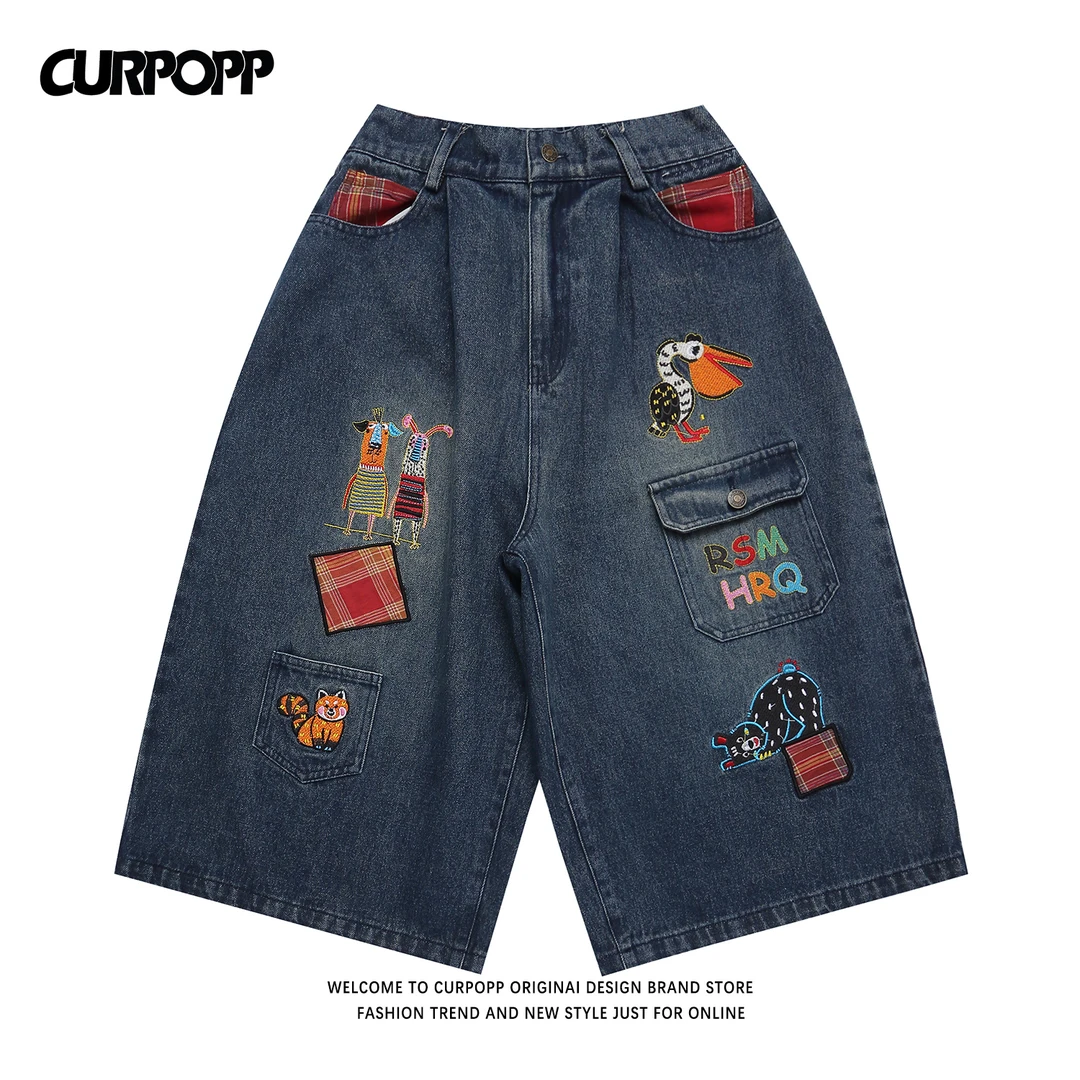 CURPOPP美式复古趣味卡通刺绣水洗五分牛仔中裤情侣宽松阔腿短裤
