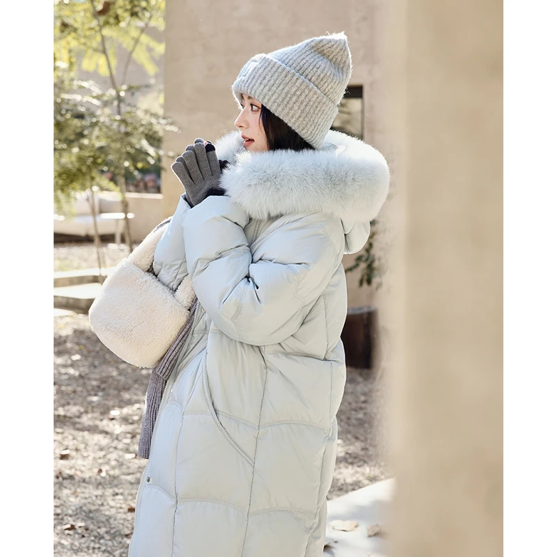 谜秀新品超高充绒量 中长款真狐狸毛领羽绒服冬季羽绒大衣女洋气