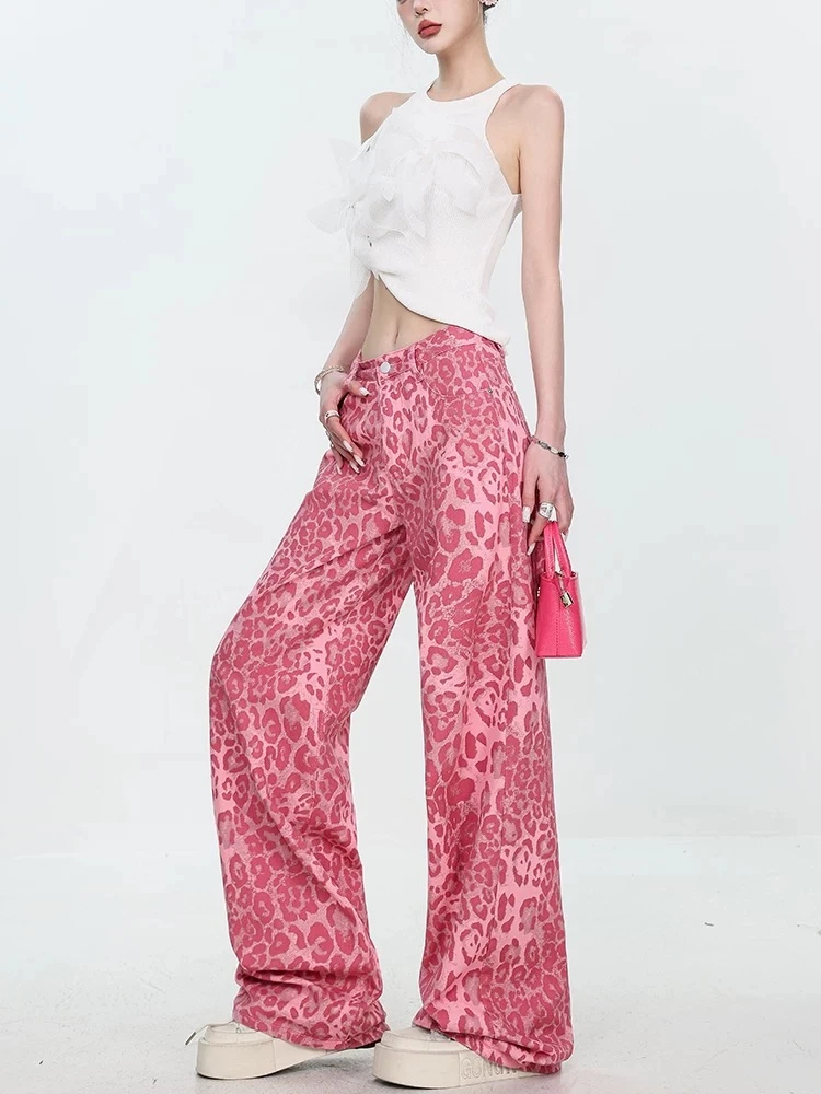 多巴胺风格粉色豹纹夏季薄款宽松阔腿女牛仔裤