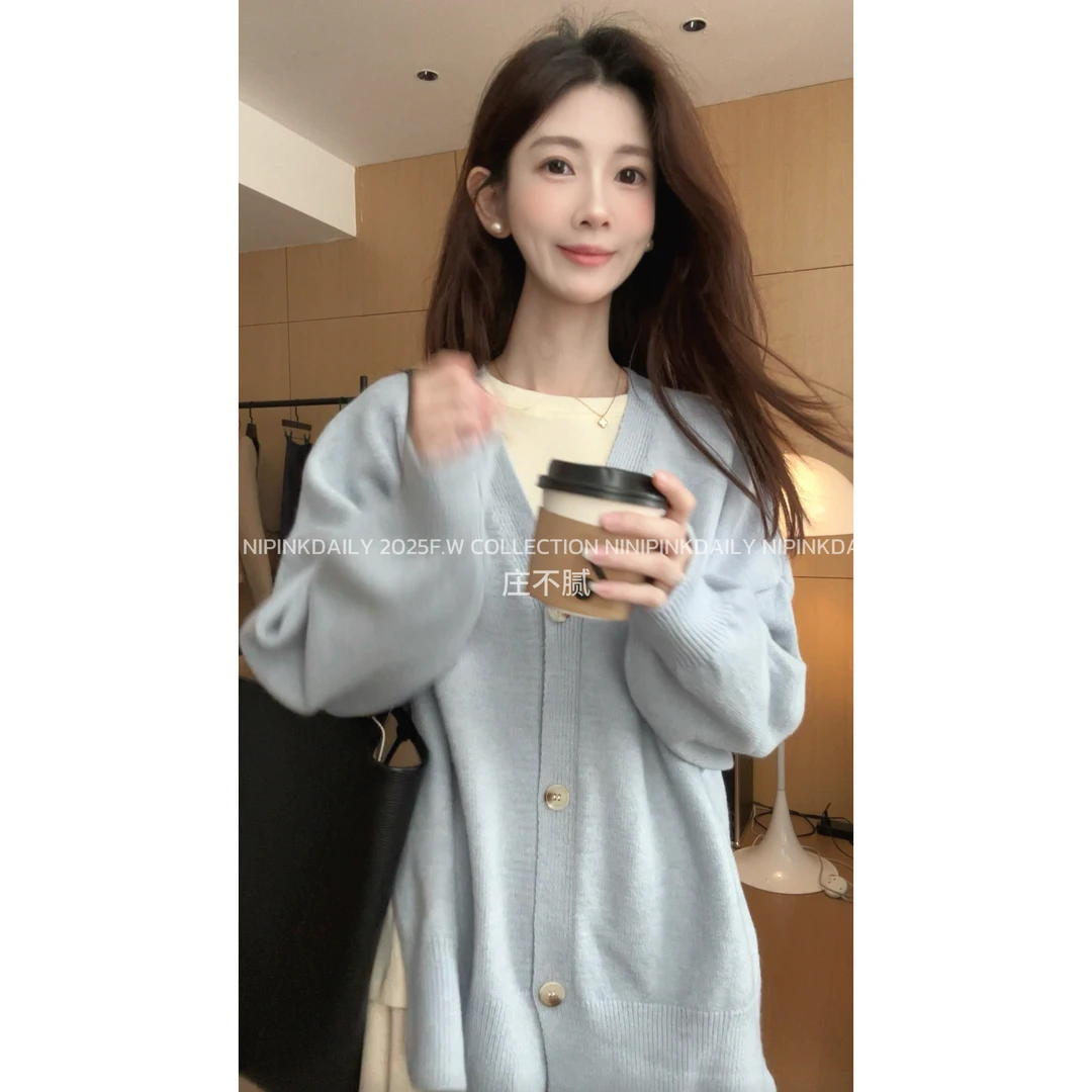 Ninipink庄不腻自制【文学系 】韩系慵懒感v领毛衣开衫显瘦外套9907