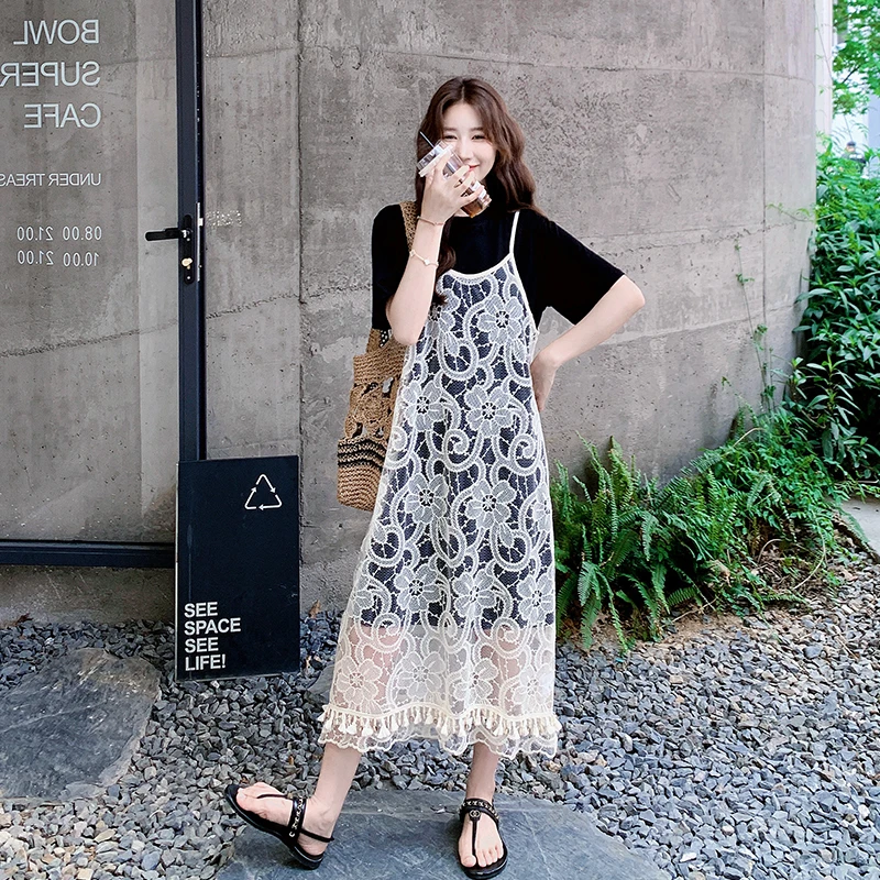 超仙甜美独特漂亮连衣裙两件套女2025夏季新款流苏镂空吊带T恤裙