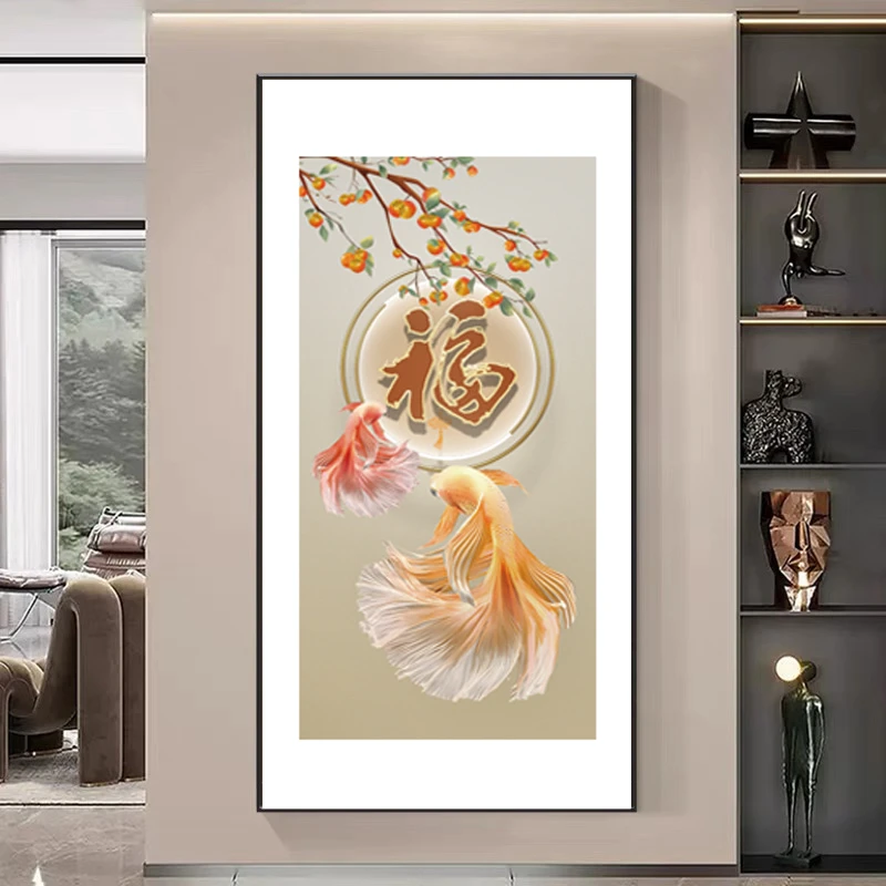 《锦鲤》手工立体金箔描金玄关装饰画入户正对门福字事事如意墙挂画
