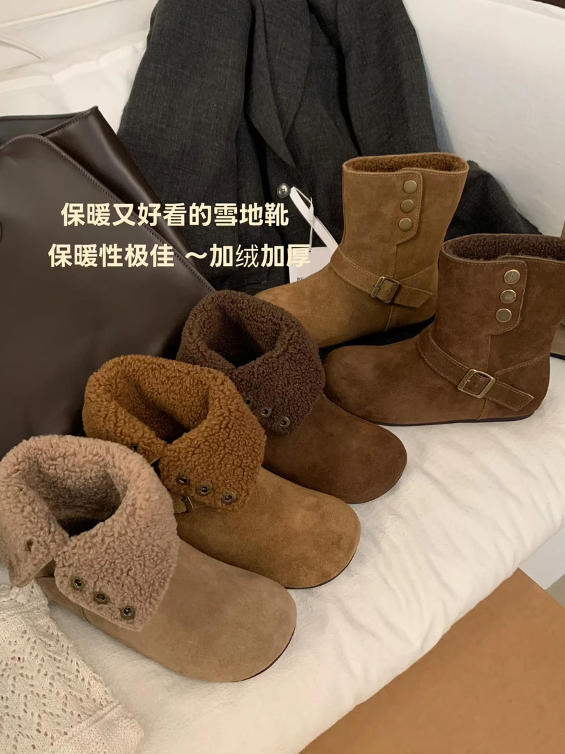 855-12冬季新款加绒保暖短筒雪地靴女勃肯内增高两穿可翻折棉鞋