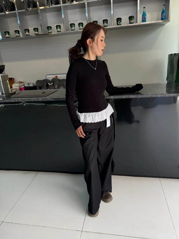 拼接拼色圆领梦幻风包袖长袖T恤套头设计师简约秋冬打底衫