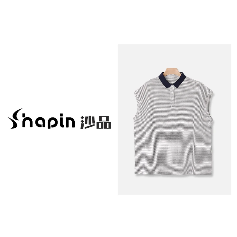 休闲条纹气质一分袖翻领T恤时尚无袖半开上衣女WMS425