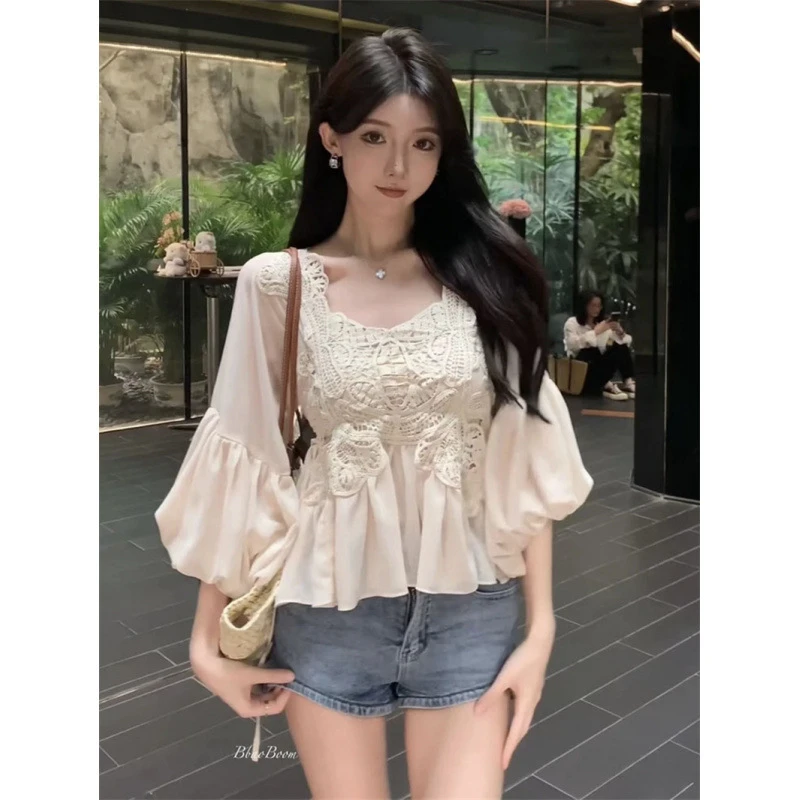 韩系减龄V领灯笼袖衬衫女夏设计感重工拼接蕾丝钩花洋气别致上衣