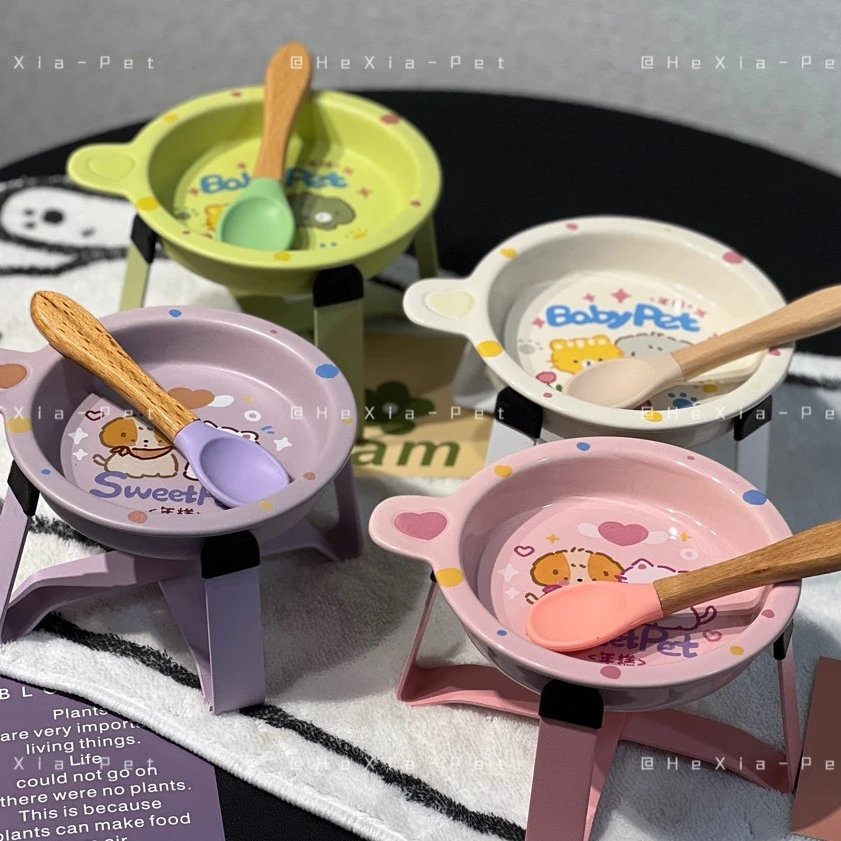 童趣年糕宠物陶瓷碗单耳碗家用狗猫咪粮碗可爱釉下彩卡通平底碗