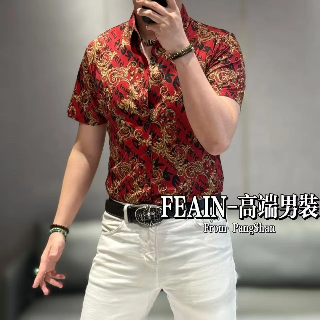 高端男士弹力莱卡复古巴洛克风格英文字母满花短袖衬衫1537