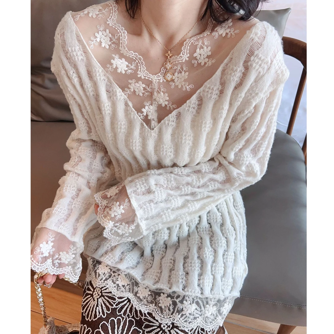 秋冬新款蕾丝镂空勾花针织衫女慵懒风微胖穿搭超好看宽松显瘦上衣