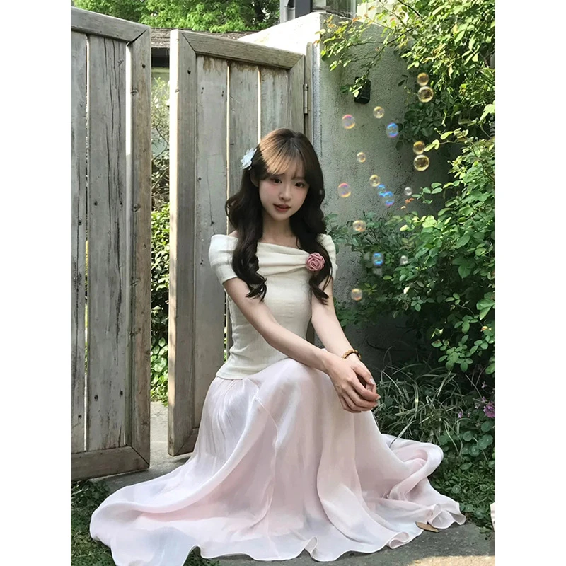 粉色缎面流光半身裙女夏天波光粼粼醋酸a字小个子珠光纱长款裙子