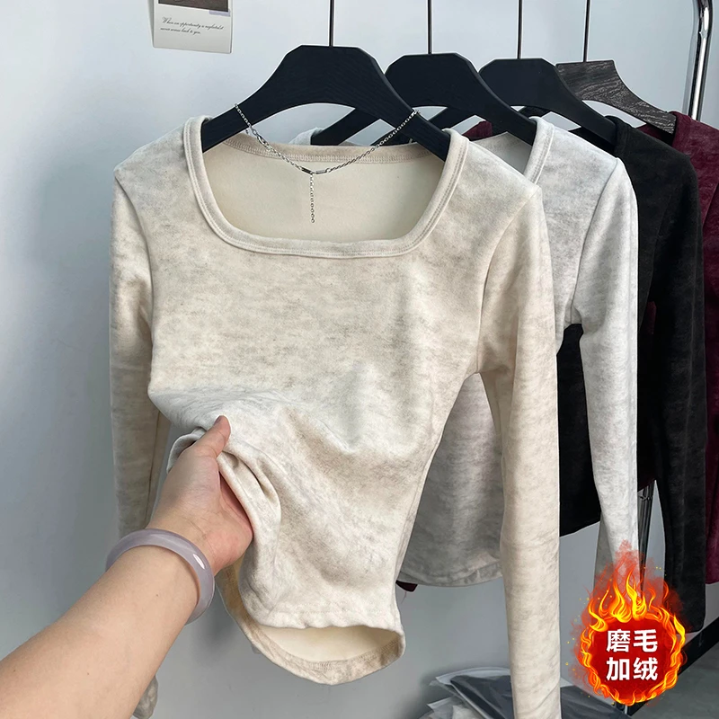 A磨毛加绒大码方领简约扎染打底上衣春秋新款微胖mm内搭长袖女t恤