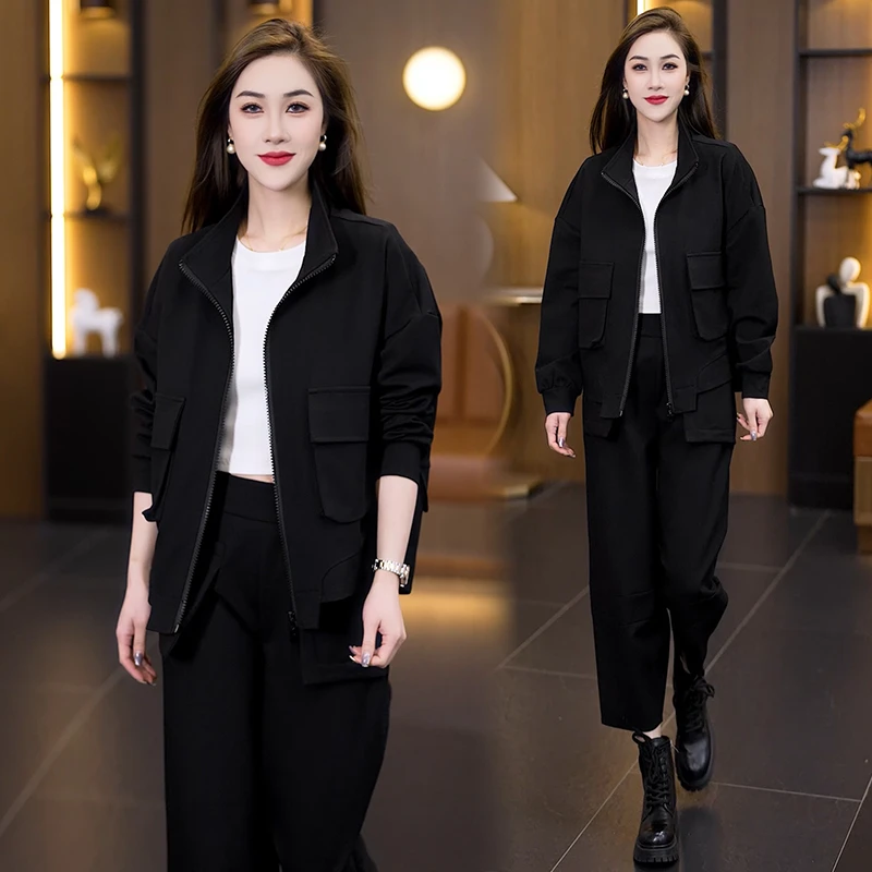 休闲套装2025春季宽松大口袋立领蝙蝠袖不规则开衫上衣裤子两件套