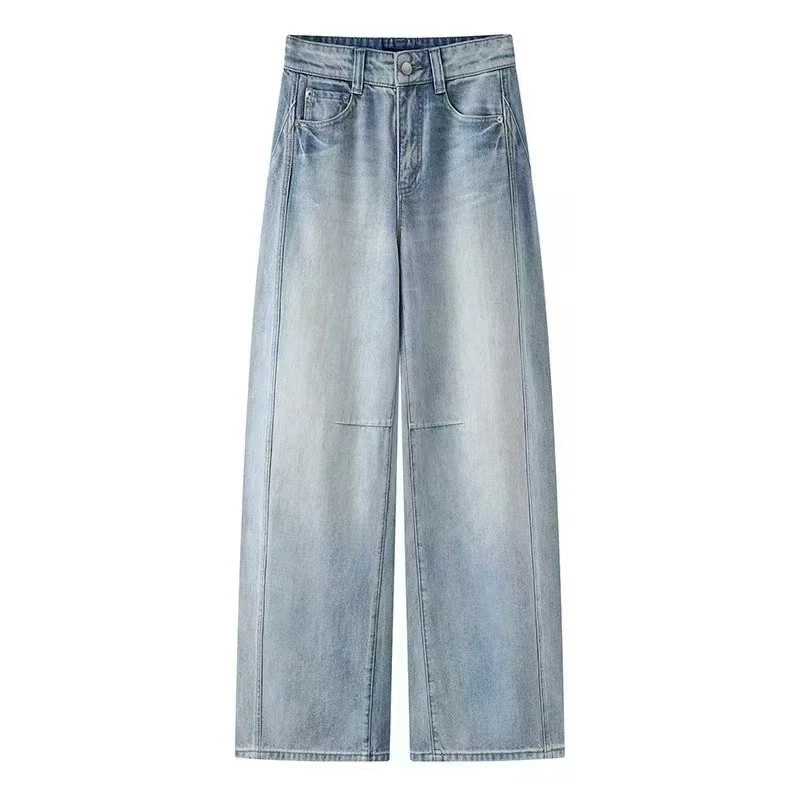 艾家新款高腰阔腿纯棉香蕉牛仔裤女宽松廓形拖地长裤50213236