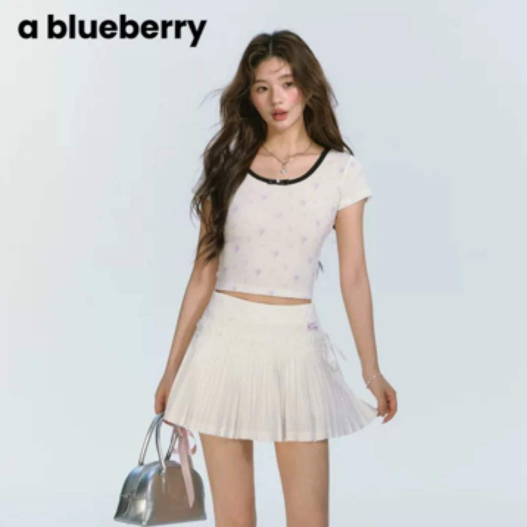 ablueberry【EndlessSummer】蝴蝶结印花短袖t恤圆领短款辣妹上衣
