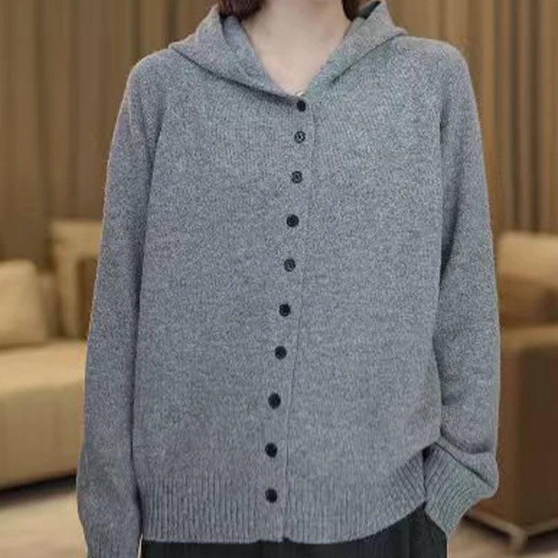 79132连帽纽扣设计款针织衫女装外套