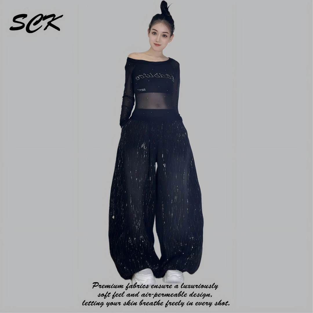 时超康BANMICHUN曳舞满天星中腰显瘦休闲阔腿裤气质流苏6006款