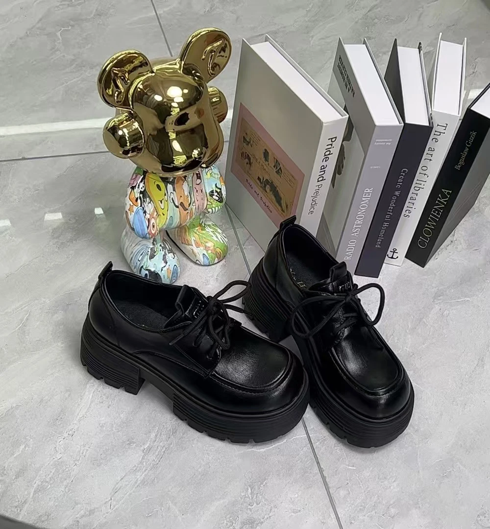 新款显脚小高跟乐福鞋2025系带英伦风小皮鞋厚底增高