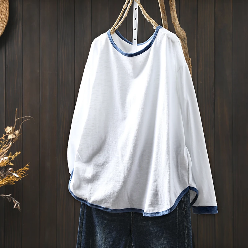 撞色纯棉竹节棉长袖T恤女宽松大码2025秋季新款休闲百搭打底上衣
