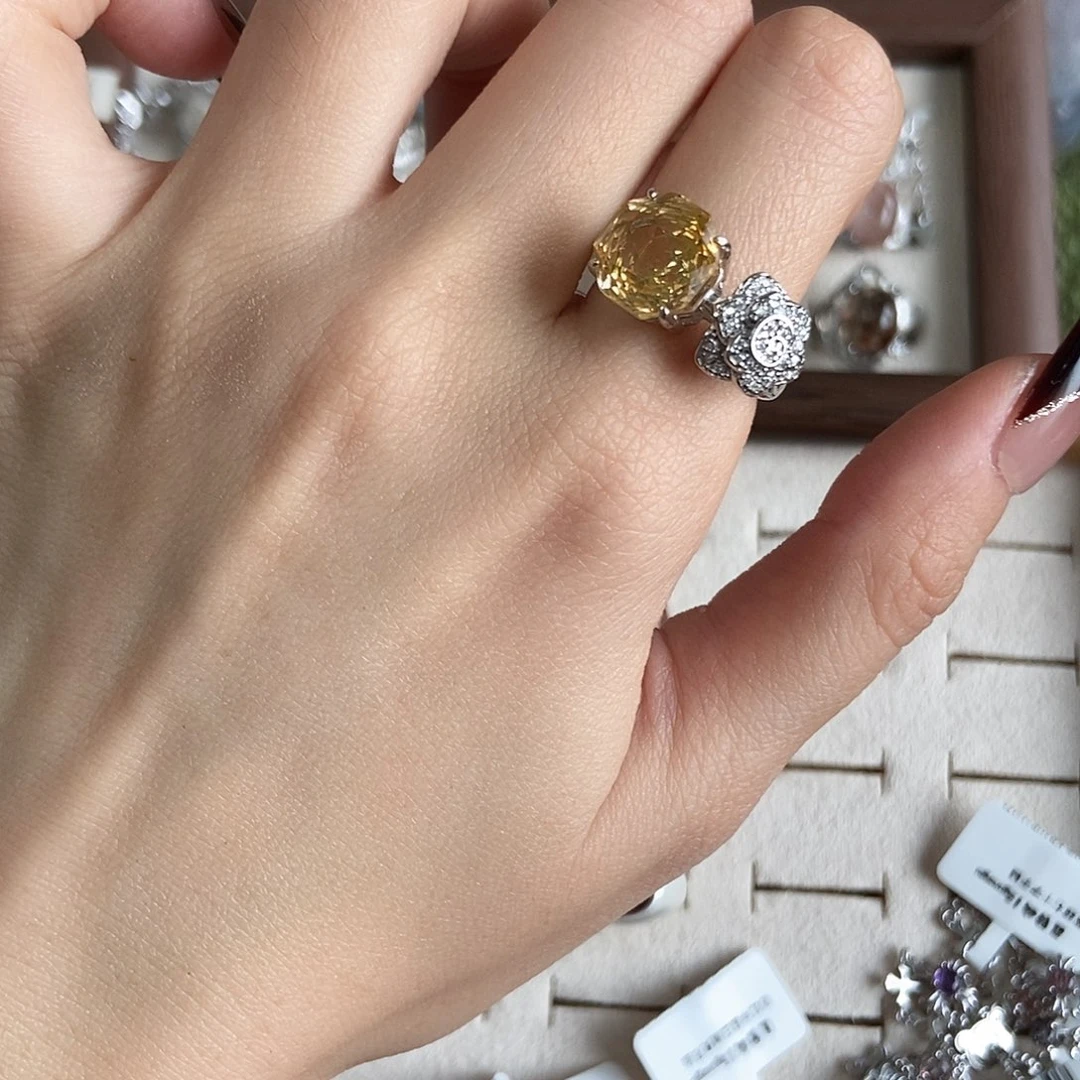 蛋***心烟晶戒指银S925镶嵌玫瑰切黄水