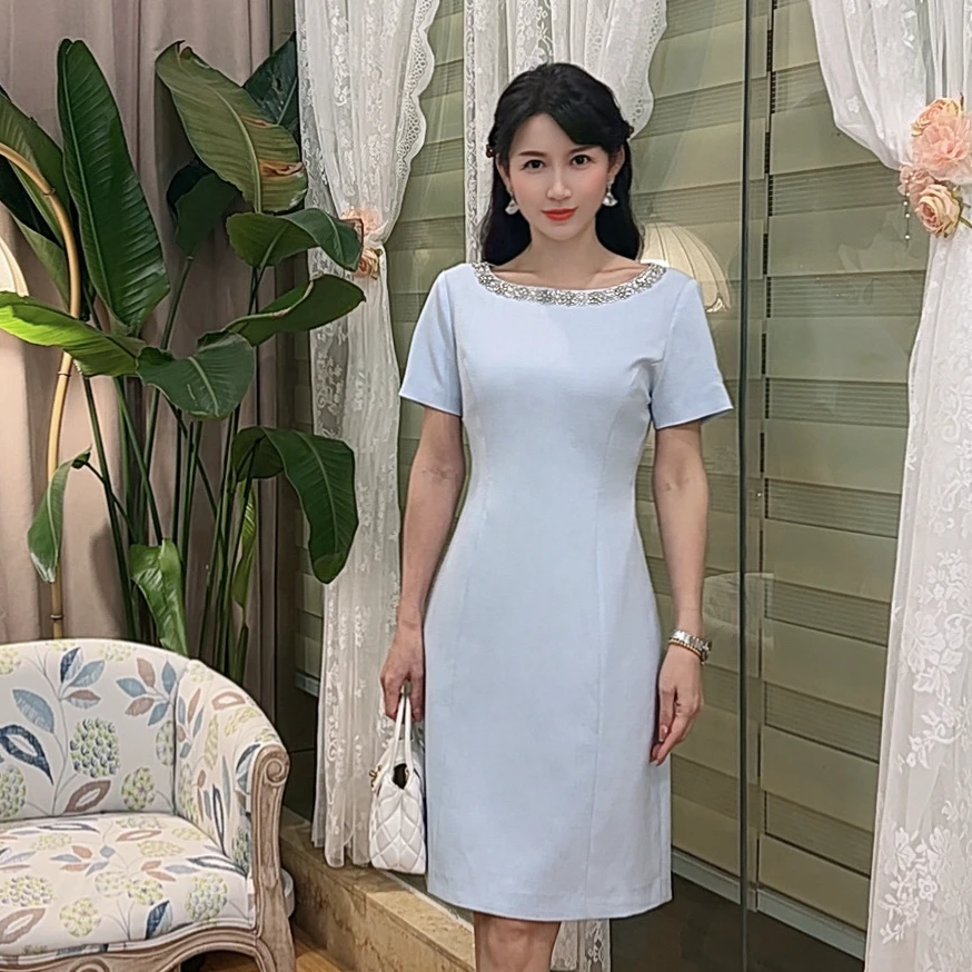 【季蓝花语】AN060  安妮老板 U型领珠花气质有口袋短袖连衣裙