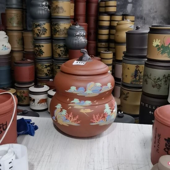 紫砂茶叶罐大葫芦红降坡山水100