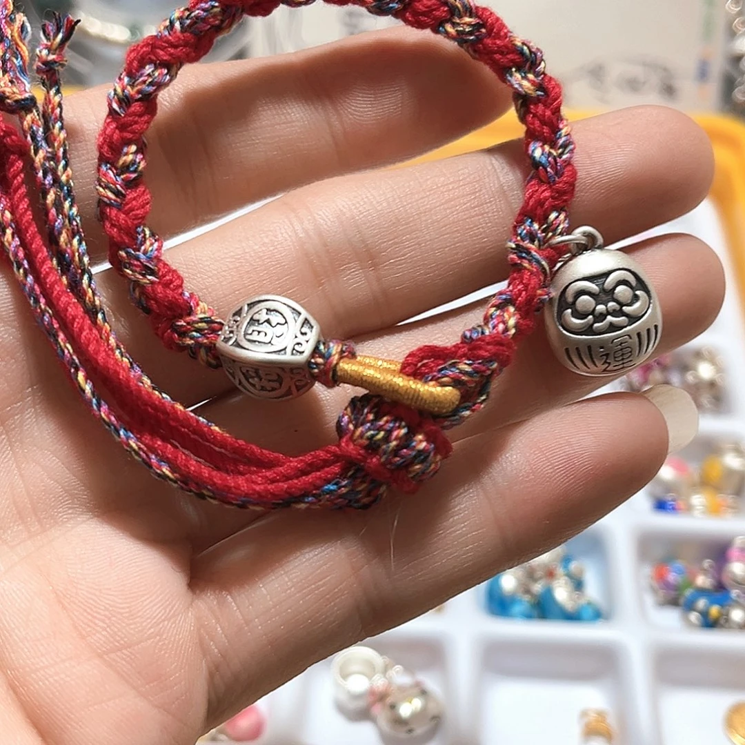 吊坠足银珐琅达摩手串