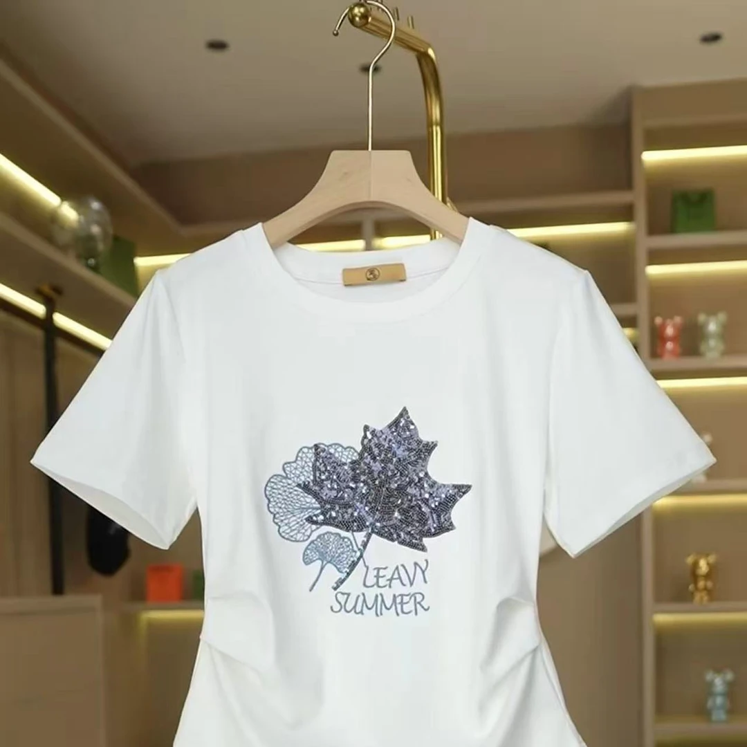 新款圆领枫叶珠片刺绣短袖T恤Q25BT2247