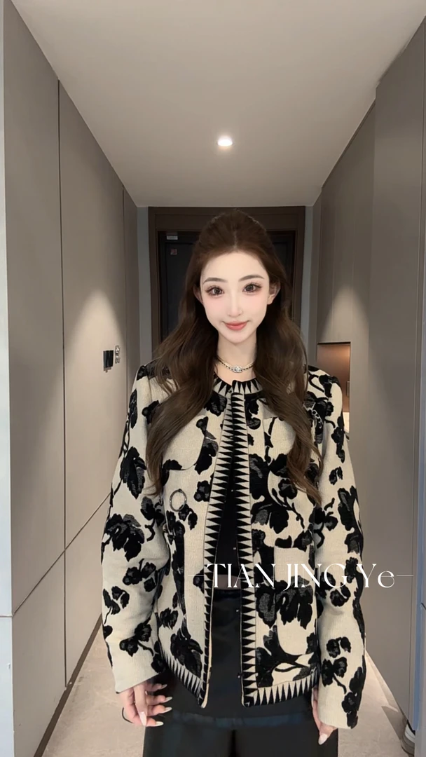 JINGYE/25~高级感提花花卉圆领宽松外套
