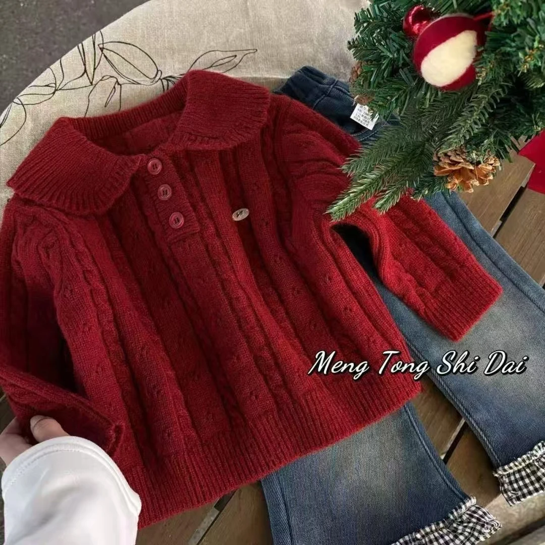 {花卷卷}2025冬款双层加厚红色娃娃领花朵钩针女童毛衣906