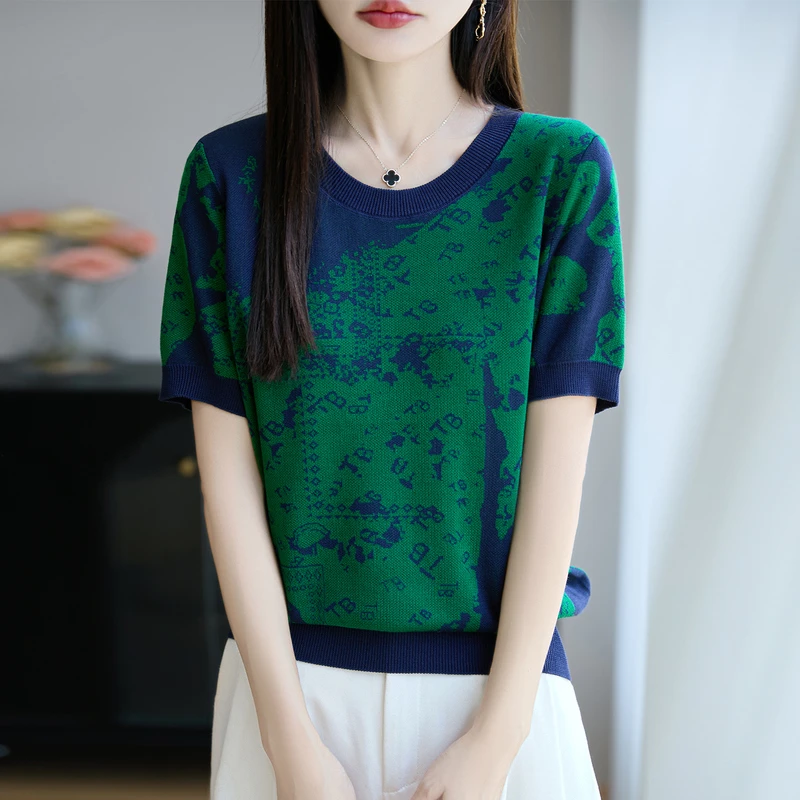 时尚品牌女装夏季新款拼色圆领正肩提花短袖气质时尚休闲T恤衫