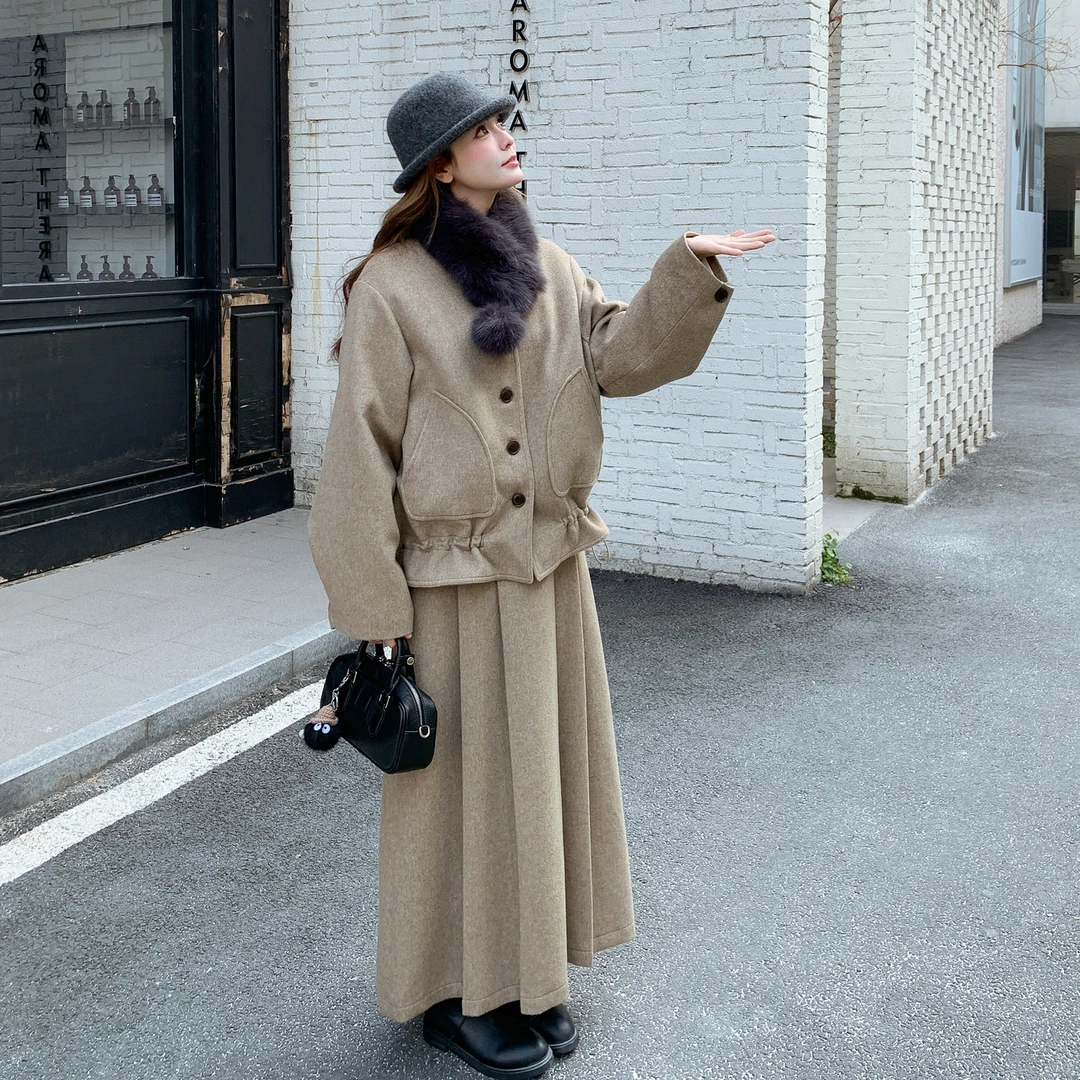 复古氛围感毛呢套装裙女2025年冬季新款羽绒内胆外套半身裙两件套