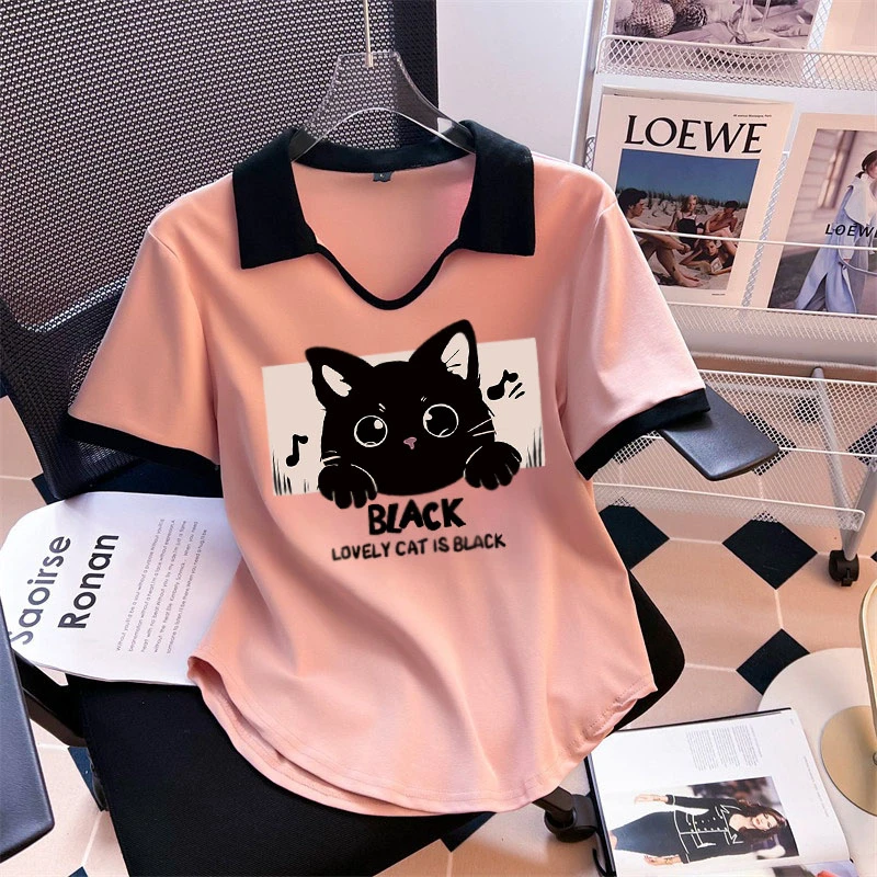 时尚黑色ol短袖T恤宽松夏季设计感适合日常穿搭纯棉打底t恤显瘦