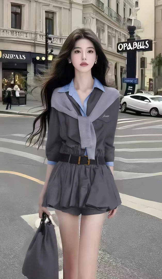 新款时尚休闲通勤风灰色衬衫领收腰系带显瘦连衣裙女时尚气质短裙