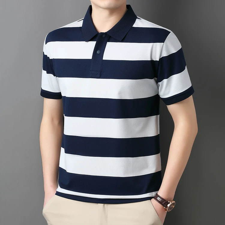鄂尔多斯市产短袖夏季条纹中年休闲T恤翻领潮流上衣时尚百搭男士