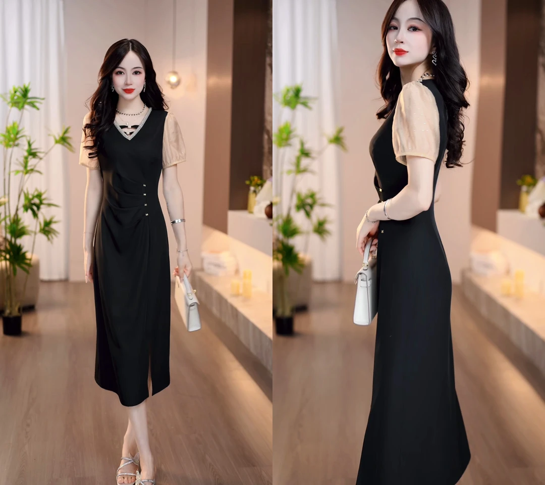 2025夏季新款香槟色拼接甜美优雅设计中长款修身连衣裙M-4XL