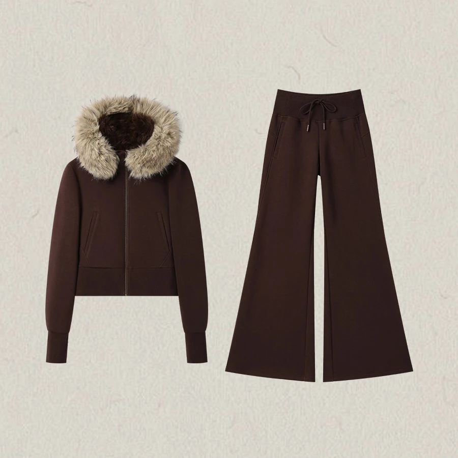 秋冬新款连帽保暖外套+休闲长裤微喇裤显瘦裤子时尚套装女 81501