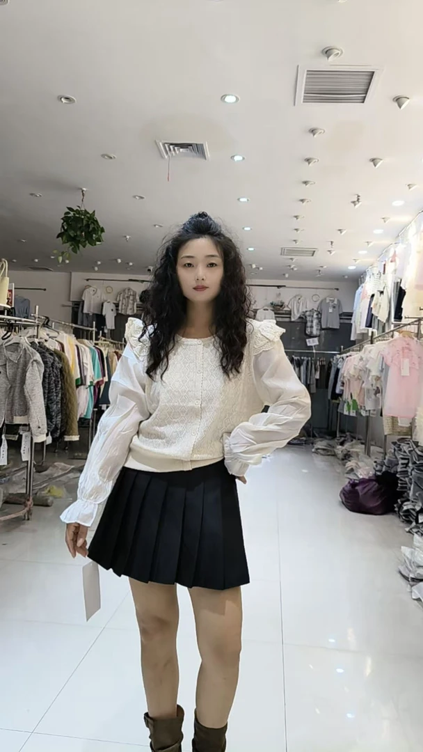 9121#春秋新款甜美百搭圆领拼接长袖荷叶边泡泡袖针织毛衣