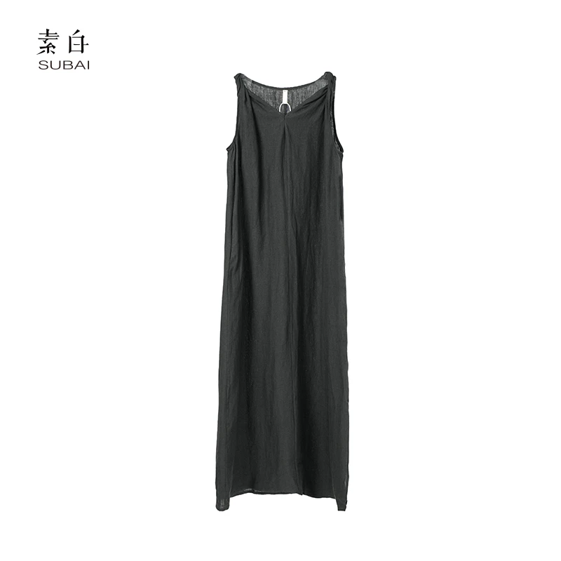 素白气质小黑裙【夜影】Q01590时尚100%亚麻高级感显瘦长裙连衣裙