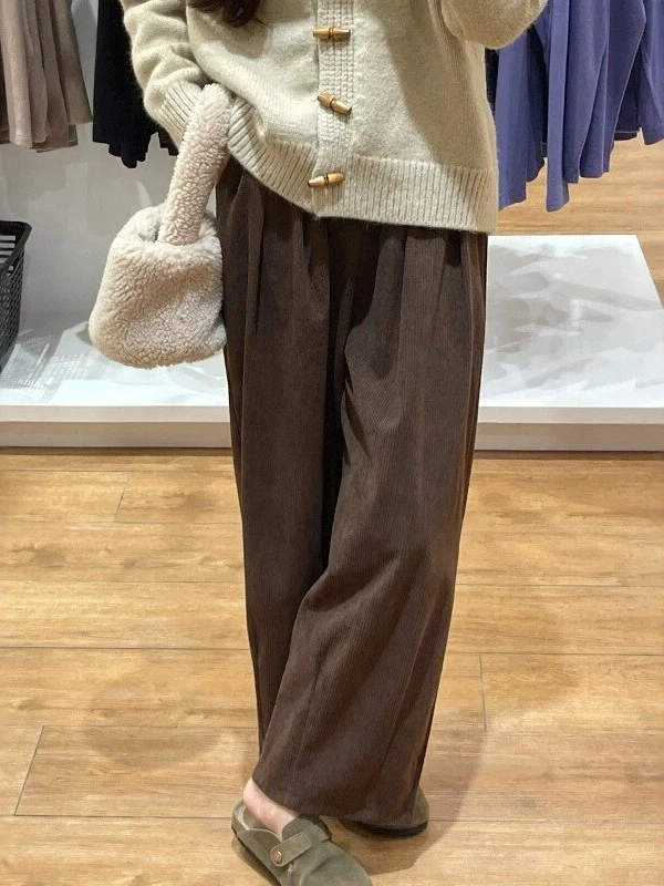 棕色灯芯绒阔腿裤宽松bf慵懒风大码胖mm显瘦萝卜裤裤子秋冬加厚