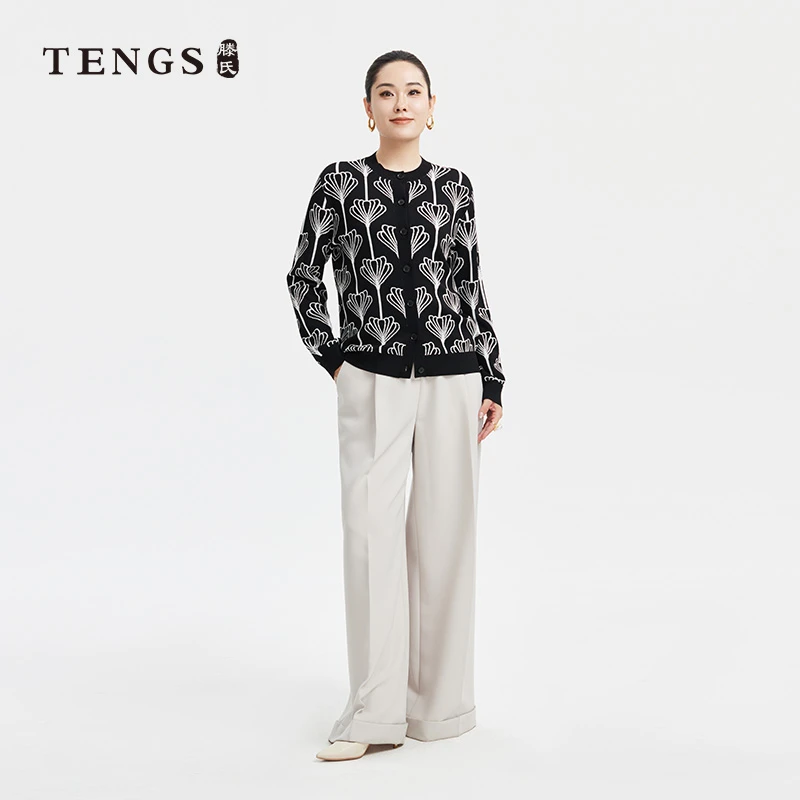 TESSITI织希女装秋季新款时尚通勤舒适圆领针织开衫