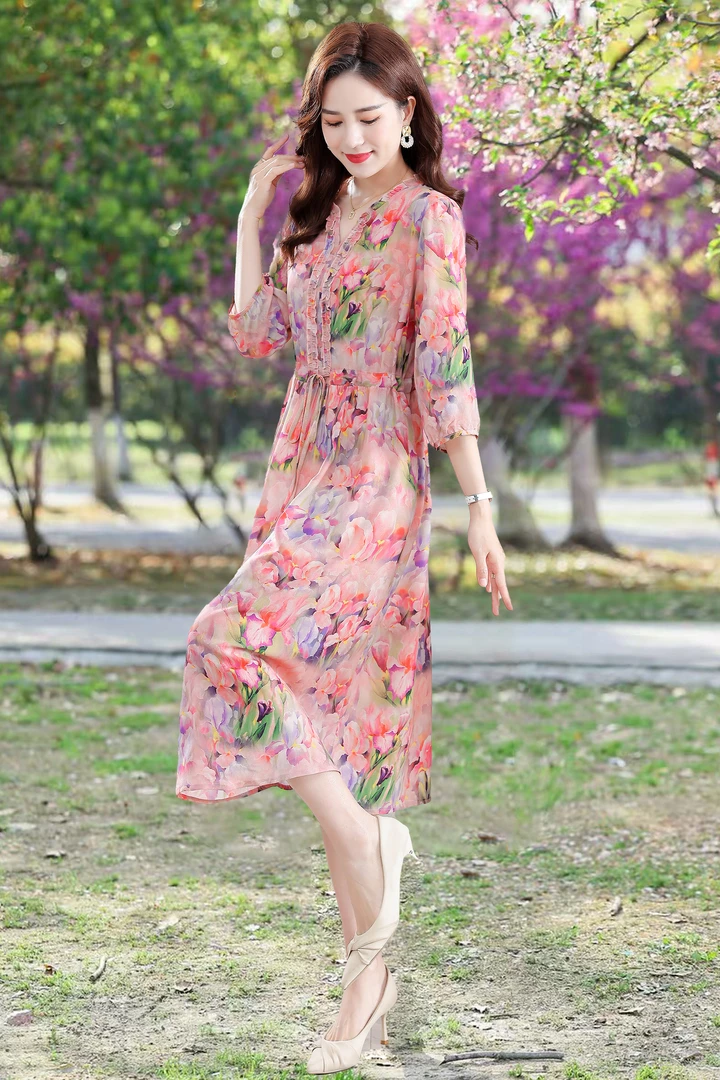 妈妈装连衣裙丝缎高工艺直喷中长袖女装【鸢尾花】PS